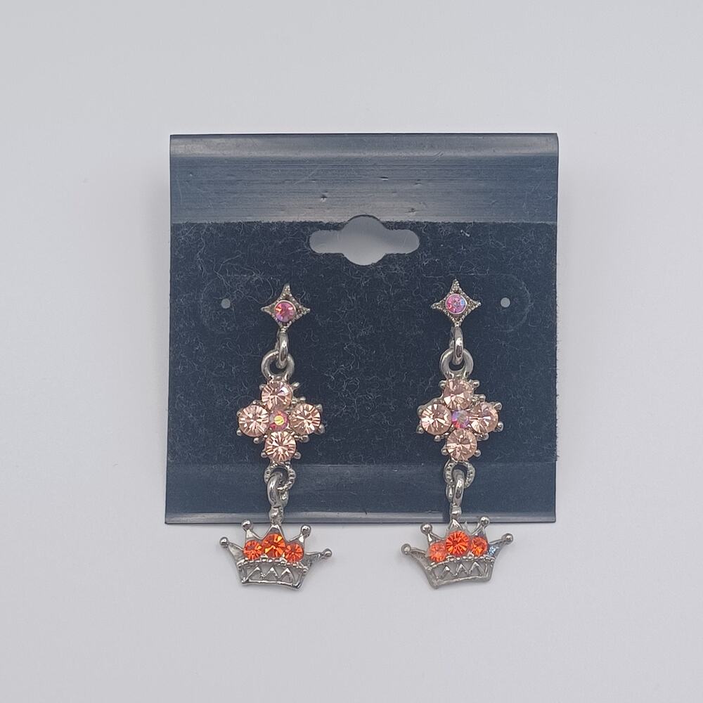 Silver Tone Pink Orange Crown Dangle Earrings Tiara Princess 1.75”